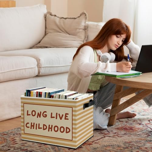 Long Live Childhood Kids Storage Bins Box with Handles, Burnt Orange Striped Collapsible Basket Organizer for Kids Room Nursery Bedroom Bathroom Toys Books Clothes - color: Color14