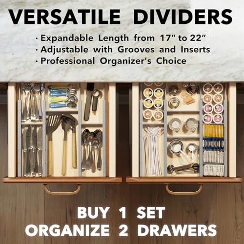 SpaceAid Bamboo Drawer Dividers with Inserts and Labels, Kitchen Adjustable Drawer Organizers, Expandable Organization for Home, Office, Dressers, 10 Dividers with 24 Inserts (17"-22" Gray) - color: GRAY, size: 2.35''H, 17''-22''L, 10 Dividers