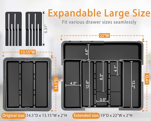 Large Utensil Drawer Organizer for Kitchen, Expandable Silverware Organizer Utensil Holder, Cutlery and Flatware Cooking Tray, Kitchen Drawer Organizers and Storage with Removable Knife Block, Black - color: Black