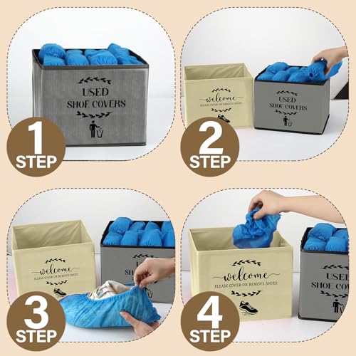 2 Pcs Shoe Cover Boxes Dispenser Foldable Storage Bins, Used Shoe Covers and Welcome Please or Remove Sign Entryway Basket Holder for Open House Supplies(Dark Gray, Beige) - color: Dark Gray, Beige
