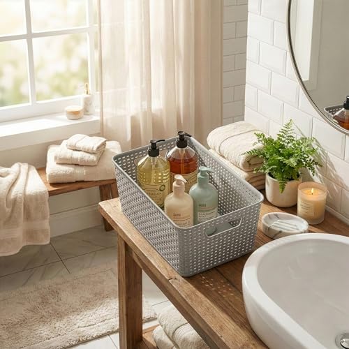 BINO | Plastic Storage Baskets, 13.5 Liter - 3 Pack, Natural Grey | THE WOVEN COLLECTION | Storage Basket for Shelves | Woven Storage Baskets for Organizing Bins Pantry Shelf Organizer | Container Bin - color: Natural Grey, size: 13.5L | 3-Pack