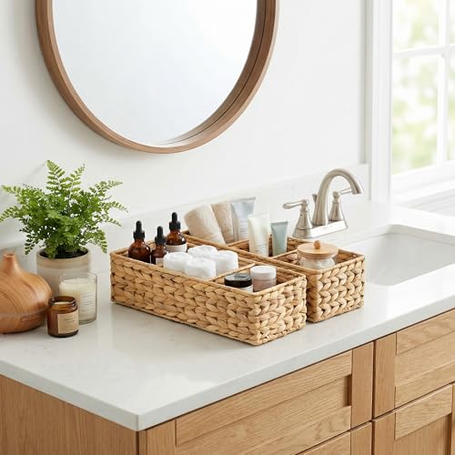 StorageWorks Toilet Paper Basket for Back of Toliet, Toilet Tank Basket with 3 Large Compartments, Water Hyacinth Toilet Paper Storage Baskets, 16½"x 5½"x 5½", 2-Pack - color: Natural(Water Hyacinth), size: 16½"L x 5½"W x 5½"H