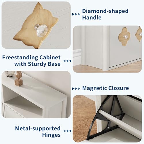 GarveeHome Shoe Cabinet with 4 Flip Drawers, Narrow Wood Shoe Organizer Cabinet with Floral Pattern, Freestanding Slim Shoe Rack Cabinet with Adjustable Shelves & Open Storage, for Entryway, White - color: Antique White, size: 4-Drawers