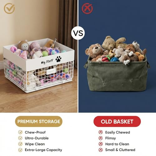 qeerable Dog Toy Box- Metal Toy basket for Dog - Dog Toys Storage Bin for Pet - Personalized Large Dog Toys Basket for Puppy and Pet- White Chew Resistant Dog Toy Chest & Organizer - color: White