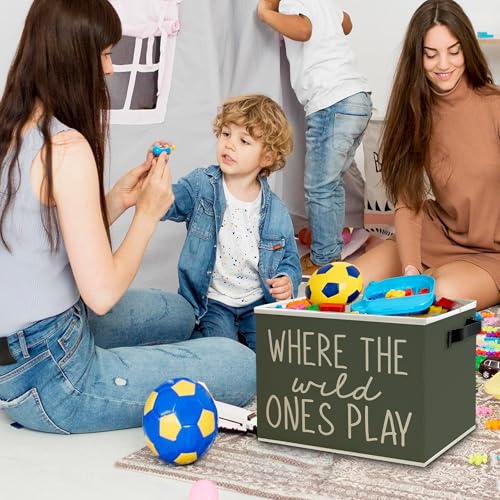 Olive Green Boho Classroom Storage Bins Box with Handles, Where the Wild Ones Play Collapsible Basket Organizer for Kids Playroom Nursery Bedroom Bathroom Toys Books Clothes - color: Color03