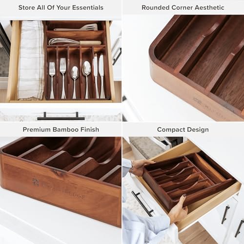 KitchenEdge Silverware Organizer - Cutlery, Flatware, and Utensil Holder for Kitchen Drawers, Fixed 10.5” Width, 7 Storage Compartments, Non-Slip Feet, Rounded Corners, Acacia Wood - color: Natural Acacia