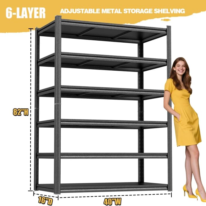 6 Tier Garage Shelving, 82" H Heavy Duty Metal Storage Shelves, 3600LBS, 2-in-1 Adjustable Industrial Utility Shelf, Upgraded Reinforced Double-Layer Columns for Warehouse, Basement, Kitchen - size: 40"W x 16"D x 82"H