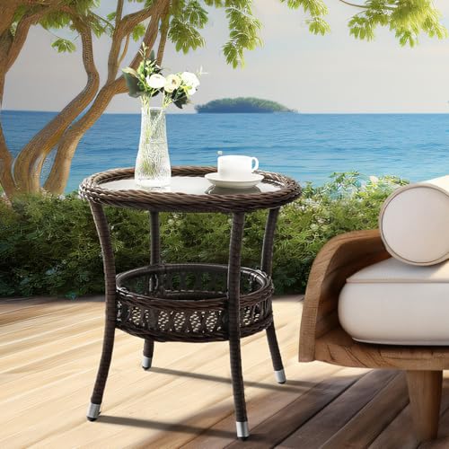 Outdoor Side Table Wicker Outdoor End Table for Patio Rattan Side Table for Outside Brown Patio Coffee Table with Storage & Glass Table Top Round for Backyard Porch - color: Brown