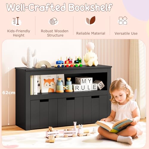 GLACER Toy Storage Organizer, Wooden Montessori Shelf with 3 Movable Drawers, Hidden Wheels, Toy Box for Boys and Girls, Kids Storage Organizer for Playroom, Nursery, Kindergarten, Living Room (Black) - color: Black