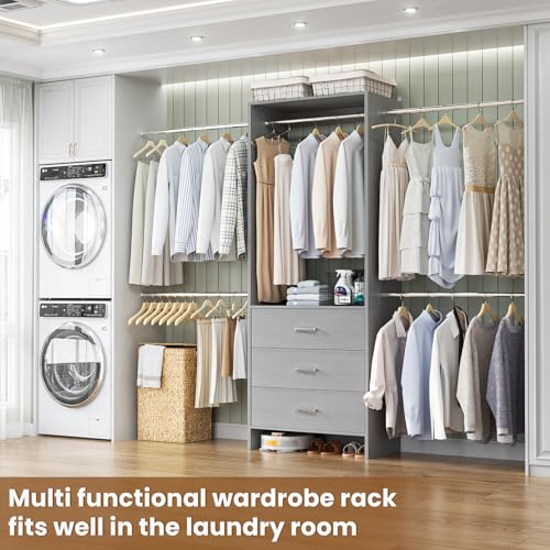 Aheaplus Closet System, Closet Organizer with 3 Wooden Drawers, Closet Organizer System, Walk-in Closet Wardrobe Clothes Rack with 4 Hanging Rods, Garment Rack, -4R, Grey - color: Grey, size: Without Light