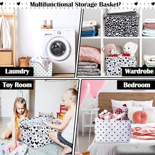 Geelin 3 Pcs Valentines Baskets Storage Valentine's Day Basket for Gifts Collapsible Waterproof Canvas Black and White Heart Storage Bin Organizer with Handles for Book Closet Shelf Nursery Decor - style: Valentines Black and White