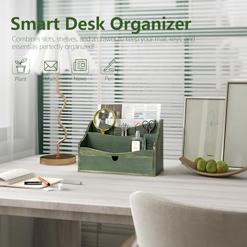 Rebee Vision Pine Wood Mail Organizer for Desk - Charming Farmhouse Mail Holder Organization with Drawer & Dividers - 4-Slot for File & Jewelry Sorter, Mail Organizer Countertop for Home Decor(Green) - color: B-Green