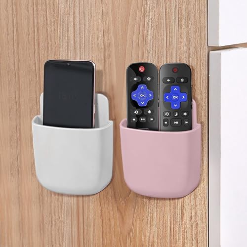 Remote Control Holder, Wall Mount Pen Holder Hole-Free Self Adhesive Phone Charging Organizer Pencil Storage Containers for Home Office School Supply Orgaizer(White,Pink,2Pcs) - color: White,Pink,2Pcs