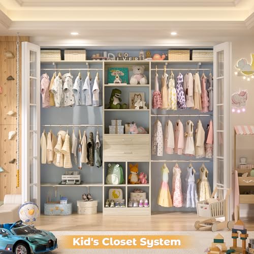 Besiost Closet System - 5-8FT Closet Organizer System with Wooden Drawers & Cube Storage Organizer, Up To 96" Closet Systems for Nursery & Walk-In Closets with Cuttable Hanging Shelving, Greige Oak - color: Greige Oak, size: 8 FT