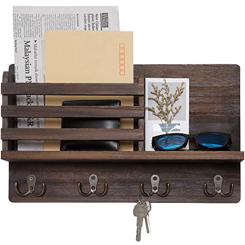 Dahey Wall Mounted Mail Holder Wooden Key Holder Rack Mail Sorter Organizer with 4 Double Key Hooks and A Floating Shelf Farmhouse Rustic Home Decor for Entryway or Mudroom,15.7"W x9.3"Hx3.2"D, Brown - color: Brown