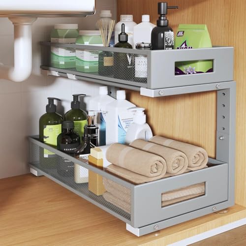 1 Pack 19IN Depth Under Sink Organizer, 2-Tier Pull Out Cabinet Organizer With Smooth Circular Rail, Large Capacity Metal Mesh Sliding Drawers For Bathroom& Kitchen Storage,Height Adjustable-Gun Gray - color: Gun Gray, size: 1 Pack-19"Dx11.6"-16.7" H