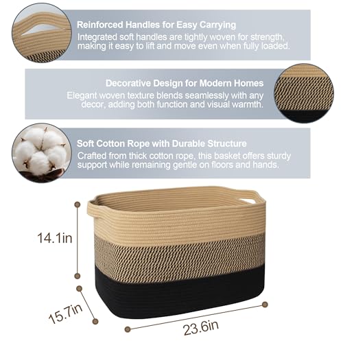 Extra Large Blanket Basket, 23.6"x15.7"x14.1" Woven Blanket Storage for Living Room, Oversized Wicker Floor Basket, Big Cotton Rope Kids Dog Toy Bin Box, Decorative Rectangle Pillow Holder - color: Black and Jute