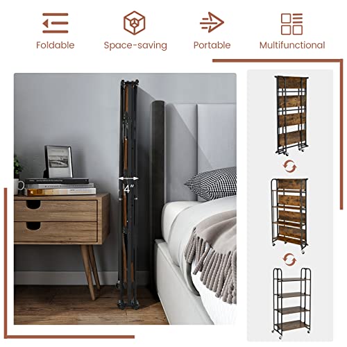 Giantex Foldable Storage Shelves with Wheels, No Assembly 4-Tier Rolling Cart, 2 of The Wheels Have Locks, Microwave Utility Cart Baker Rack, Portable Storage Rack w/Metal Frame, for Kitchen, RV - size: 52'' Tall
