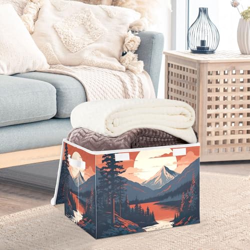 xigua Mountains Trees Storage Bins with Lids and Carrying Handle,Foldable Storage Boxes Organizer Containers Baskets Cube with Cover for Home Bedroom Closet Office - color: Mountains Trees