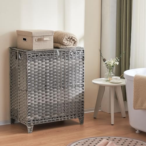 Laundry Hamper with Lid, 190L Large Laundry Basket 3 Section with 6 Removable Liner Bags & 3 Mesh Laundry Bags, Handwoven Rattan Clothes Hamper with Heightened Feet, No Install Needed, Grey - color: Grey
