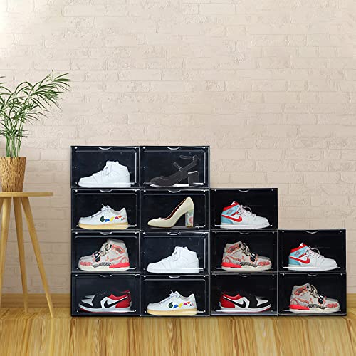 XL clear shoe storage boxes stackable, 8 Pack Large Shoe Boxes Clear Plastic Stackable, Drop side Sneaker Container Fit Size 13 (Black 8 Pack) - color: BLACK, size: 8 PACK