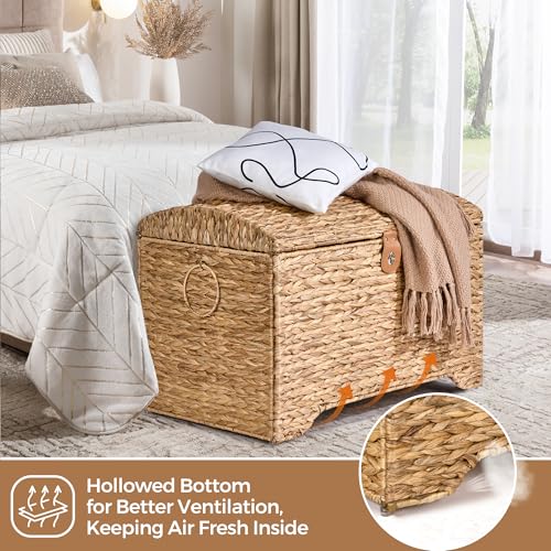 Handwoven Storage Basket with Lid, 178L Wicker Storage Bin, Natural Water Hyacinth, Leather Buckle & Metal Frame, Metal Ring Handles for Easy Transport, Storage Chest & Trunk for Bedroom, Living Room - color: Natural Water Hyacinth, size: 178L-Arched Lid