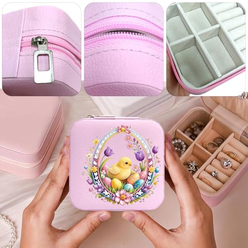 Flower Pattern Portable Print Jewelry Box, 1pcs Pink Compact Jewelry Box Travel Jewelry Case Organizer Bag Storage Box Jewelry Holder For Necklace Earrings Rings Bracelet - color: Easter flower