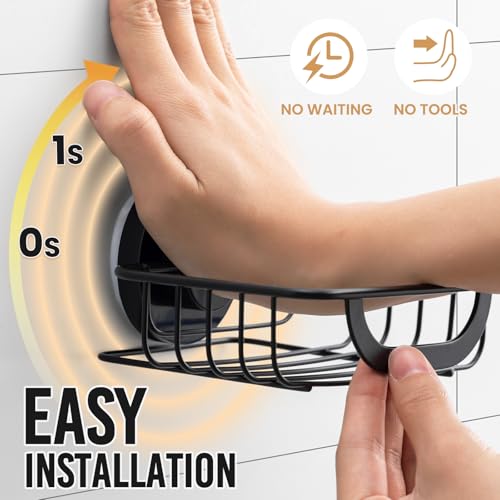 LEVERLOC Soap Holder Shower with Hooks, Bar Suction Cup Soap Dish Tray for Wall, Rust-Proof Stainless Steel Sponge Caddy for Bathroom Accessories Organizer Bathtub Kitchen Sink, Black - style: 1 tier Black