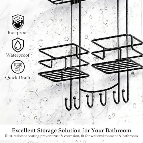 SRIWATANA Shower Caddy Hanging Over Head, Bathroom Shower Organizer Shower Rack Holder with Hooks for Razors - Black - color: Black