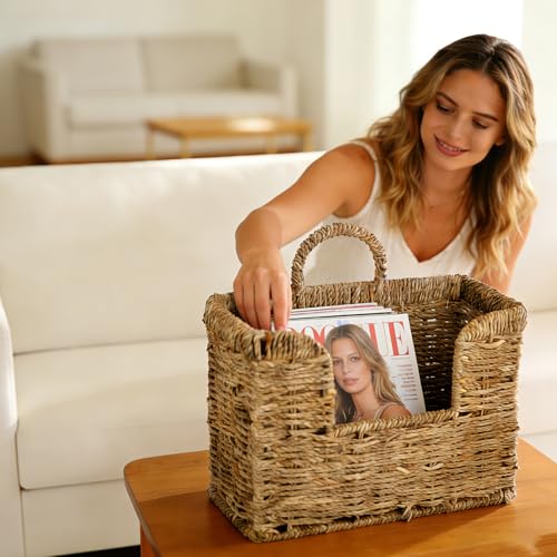 Woven Hanging Basket for Wall, Magazine and Mail Organizer Holder with Sturdy Frame,Seagrass Magazines Baskets Also Stands on Tabletop, Wall Mount Storage Rack for Home Office - color: Sea Grass