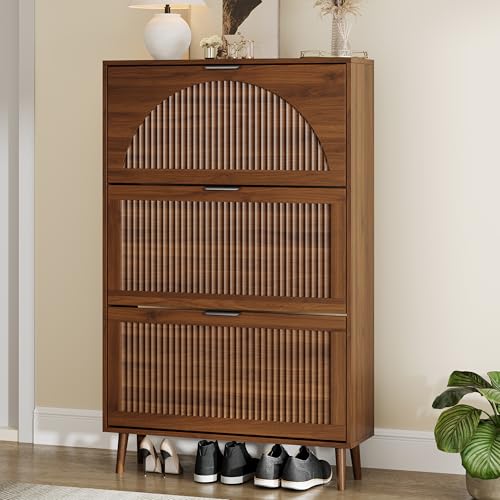 Shoe Storage Cabinet with 3 Flip Drawers, Narrow Wood Shoe Organizer Cabinet with Fluted Panel, Slim Shoe Rack for Entryway, Freestanding Shoe Cabinet for Living Room, Hallway, Walnut - color: Walnut, size: 3-Drawers