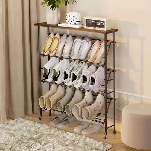 JZM Shoe Rack Storage, Narrow 4 Tier Metal Shoe Storage Shelf, Free Standing Shoe Racks, Space Saving Shoe Rack Organizer for Entryway, Hallway, Bedroom, Living Room(12-16 Pair) - color: Brown
