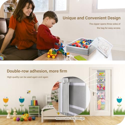 Woodoulogy Over Door Organizer and Storage, Hanging Toy Holder with 4 Clear Removable Pouches, Toddler Room Wall Stuffed Animal Bag Case, Kids Playroom Closet Organization for Building Block, Puzzle - color: Grey