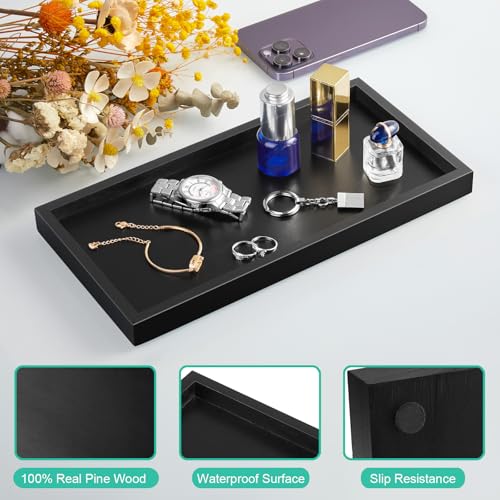 ALELION 11.7" Bathroom Vanity Tray for Counter - Black Wood Decorative Tray for Toilet Tank Makeup Perfume Jewelry Catchall Coffee Table - Wooden Kitchen Countertop Organizer for Soap Dispenser - color: Black, size: 6" x 0.8" x 11.7"