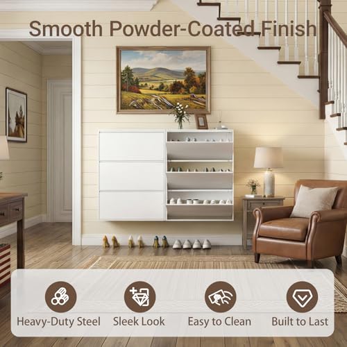 Shoe Cabinet with 3 Flip Drawers, Slim Metal Wall-Mounted Shoe Storage Organizer for Entryway, Hallway, Mudroom, Hidden Narrow Rack, White - style: 3 Flip Drawers