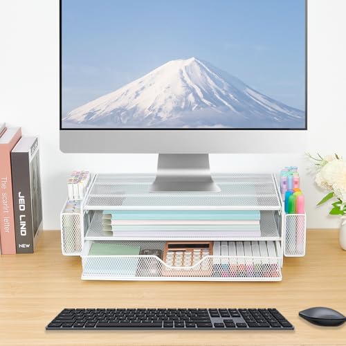 AUPSEN Computer Monitor Stands Riser，2-Tier Desk Organizers and Accessories, Office Desk Accessories Organizer with Drawers and 2 Pen Holder for Office Supplies (White) - color: White Metal
