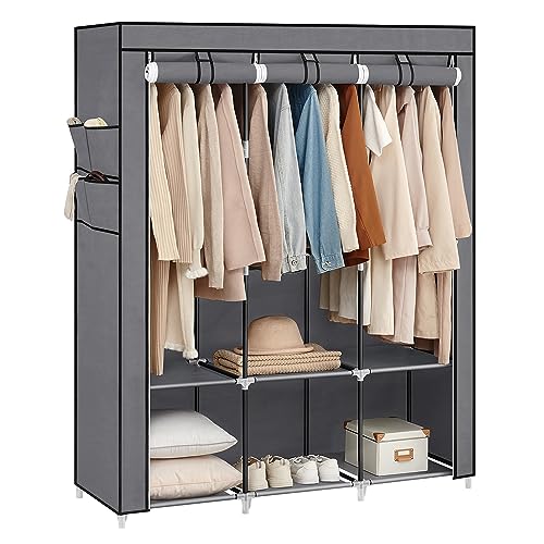 SONGMICS Portable Closet, Wardrobe Closet Organizer with Cover, 3 Hanging Rods and Shelves, 4 Side Pockets, 51.2 x 17.7 x 65.7 Inches, Large Capacity for Bedroom, Living Room, Gray URYG092G02 - color: Grey, size: 3 Tiers（51.2"L）