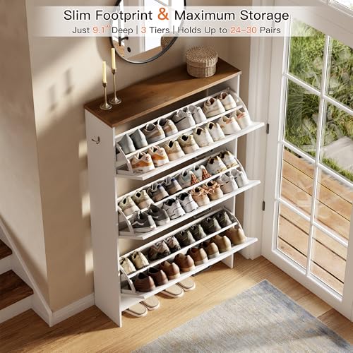 Nicetree Barn Door Shoe Cabinet for Entryway - Modern Farmhouse Shoe Storage Cabinet with 3 Flip Drawers - Slim Hidden Shoe Organizer for 24-32 Pairs - Fits Size 12 Work Boots White - color: Brushed Solid White & Weathered Caramel Oak, style: 3 Flip Drawe