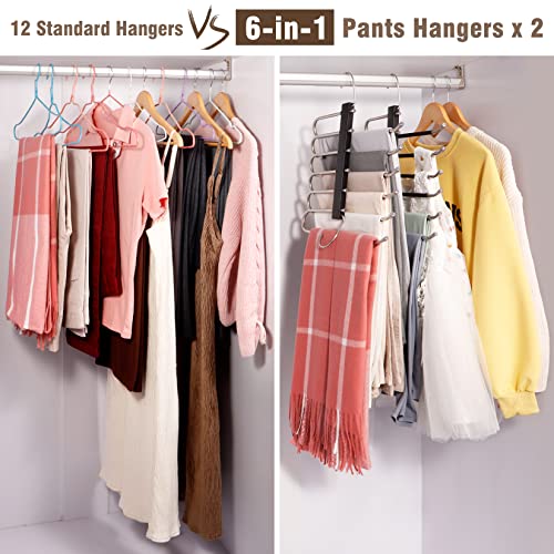 HUITEM 4 Pack 6-Tier Space Saving Pant Hangers, Anti-Slip, Lightweight, Stainless Steel, Black, 6 Pairs Jeans Hangers - color: Black, size: 4 Pack