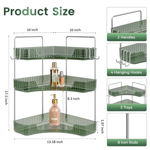 3-Tier Green Corner Organizer, PET Counter Storage with Hooks | Multi-Surface Organizer for Bathroom Vanity & Kitchen Countertop - color: Green, size: 3 Tier