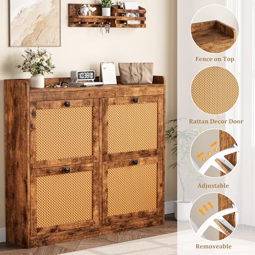 GarveeHome Shoe Cabinet Rattan with 4 Flip Drawers, Wooden Freestanding Shoe Organizer with Adjustable Shelves, Shoe Storage for Entryway, Closet, Hallway - color: Brown, size: 4-Drawers