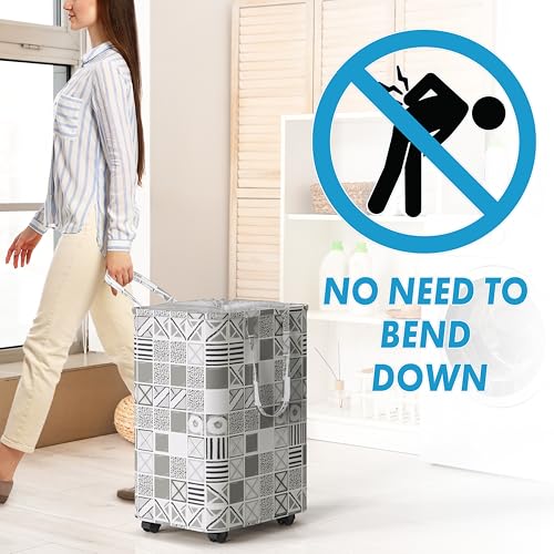 Simple Houseware Large 82L Laundry Basket with Wheels, Collapsible Waterproof Hamper with Handles and Mesh Cover, Geometric Gray - color: Gray