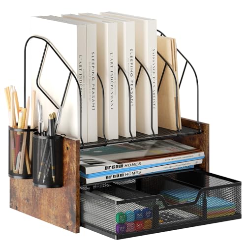 Wood Desk Organizer - 2-Tier Desktop File Organizer with Drawer with Vertical File Holder, Wooden Paper Tray, Office Desk Organzier and Accessories for Papers, Mail, Notebooks, Stationery - size: 2 Tier Drawer with Vertical File Holder