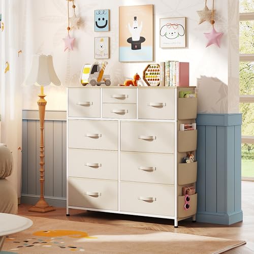 WLIVE Fabric Dresser for Bedroom with 10 Drawers, Chest of Drawers with Side Pockets and Hooks, Sturdy Metal Frame, Drawers Organizer Unit for Living Room, Hallway, Cream White - color: Cream White