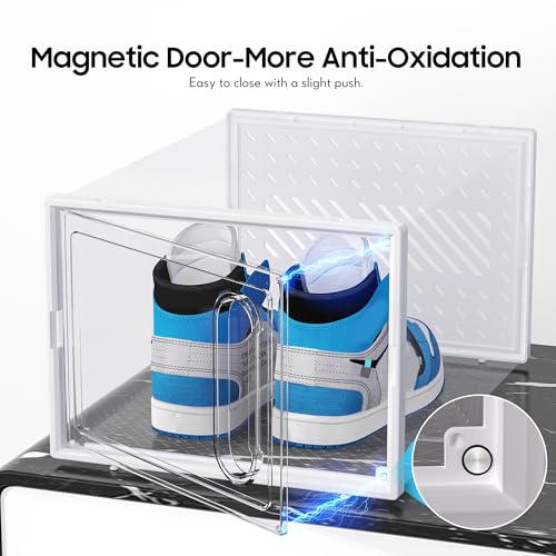 eWonLife Large Shoe Organizer Storage Box with Magnetic Door,12 Pack Clear Plastic Stackable Sneaker Containers for Closet, Connect Left and Right Shoe Box for Entryway, Drop Front, Under Bed (White) - color: White