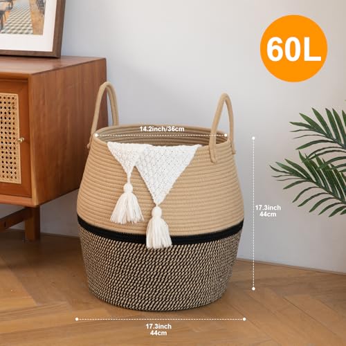 OIAHOMY 60L Blanket Basket with Handle, Storage Basket for Living Room, Laundry Hamper for Clothes, Towels, Pillows, Toy Storage for Kids and Dogs, Baby Hamper for Nursery - Brown & Black - color: Brown & Black, size: 60L