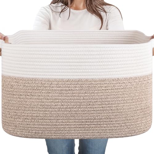 65L Cotton Rope Large Blanket Basket (19.7"x15.7"x11.8") for Living Room, Kids Room & Laundry, Storage Basket with Handle for Organizing Blankets, Pillows, Clothes & Toys, Brown & White - color: Brown & White, size: 19.7"x15.7"x11.8"