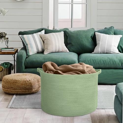 MEGASKET Extra Large Green Basket, 22" X 22" X 14" Woven Cotton Rope Baskets for Blankets, Nursery Laundry Basket, Cute Kids Toy Storage Bin, Green Living Room Bedroom Decor Baskets for Organizing - color: Green, size: 22"x22"x14"