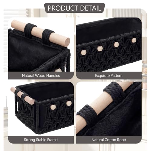 Vesici 4 Pcs Macrame Storage Basket for Shelves 13 in 11 in Boho Storage Basket Hand Woven Boxes with Wood Handles Beads Decorative Countertop Toilet Tank Cabinet Organizer for Home Room Decor (Black) - color: Black