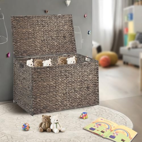 Water Hyacinth Storage Basket with Lid, 52.8 Gallon (200L) Wicker Storage Trunk with Handles, Handwoven Large Wicker Storage Basket for Blanket, Foldable, for Living Room, Bedroom, Brown - color: Brown, size: 200L: 31.5 x 19.7 x 19.7 Inches